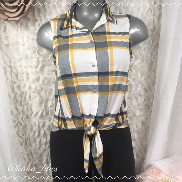 Polly & Esther Tops - POLLY & ESTHER | Yellow Plaid Sleeveless Shirt NEW